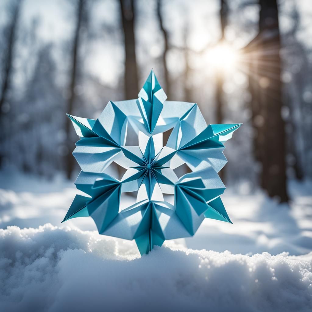 Origami Snowflake in Snowy Forest