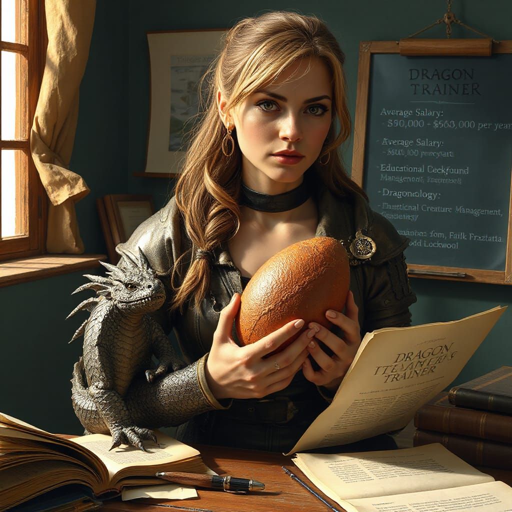 Dragon Trainer with Egg and Hatchling in Fantasy Realm