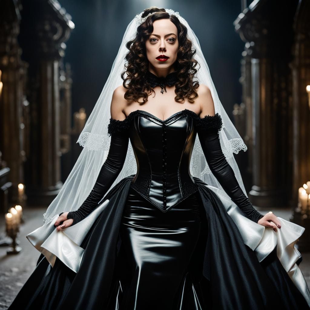 Frightened Aubrey Plaza as Dracula's Bride