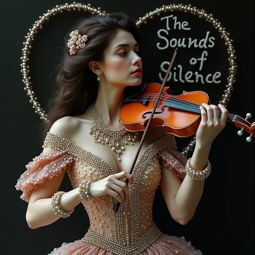 Elegant Victorian Woman Plays Beaded Violin in Futuristic At...