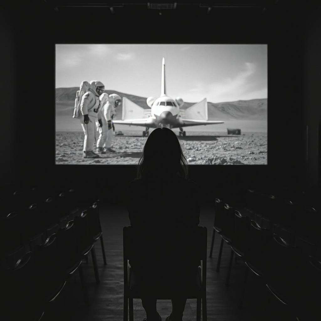 Girl Watches Astronauts on Screen in Dark Room