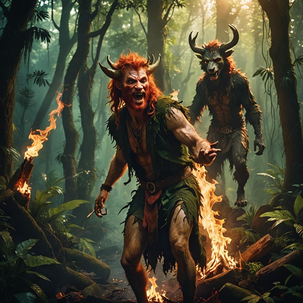 Faun and Werewolf Battle in Humid Jungle
