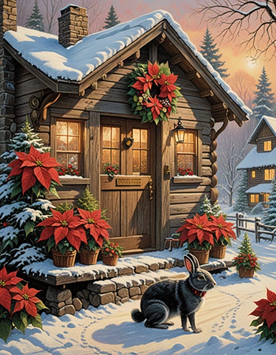 Gentle Log Cabin Scene with Poinsettias and Winter Whimsy