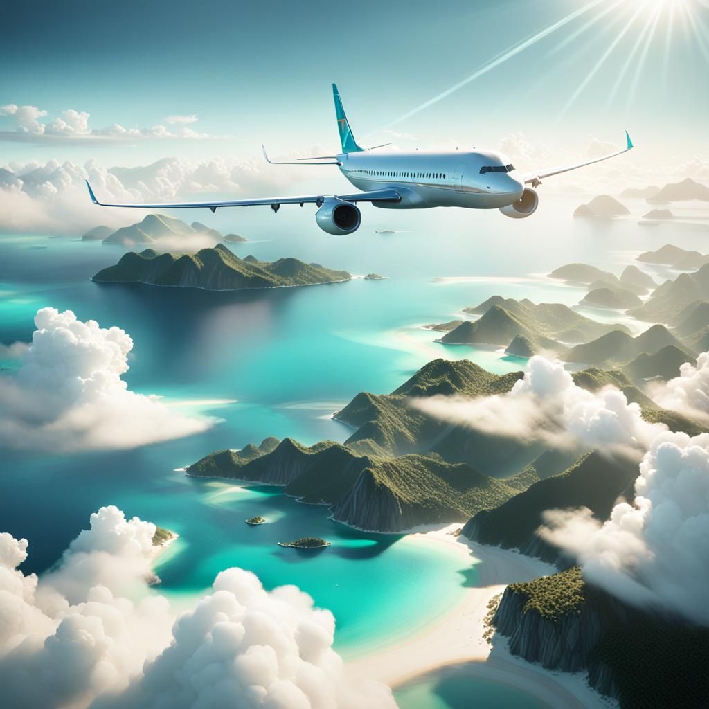 Airplane Descends Towards Tropical Islands: Photorealistic S...