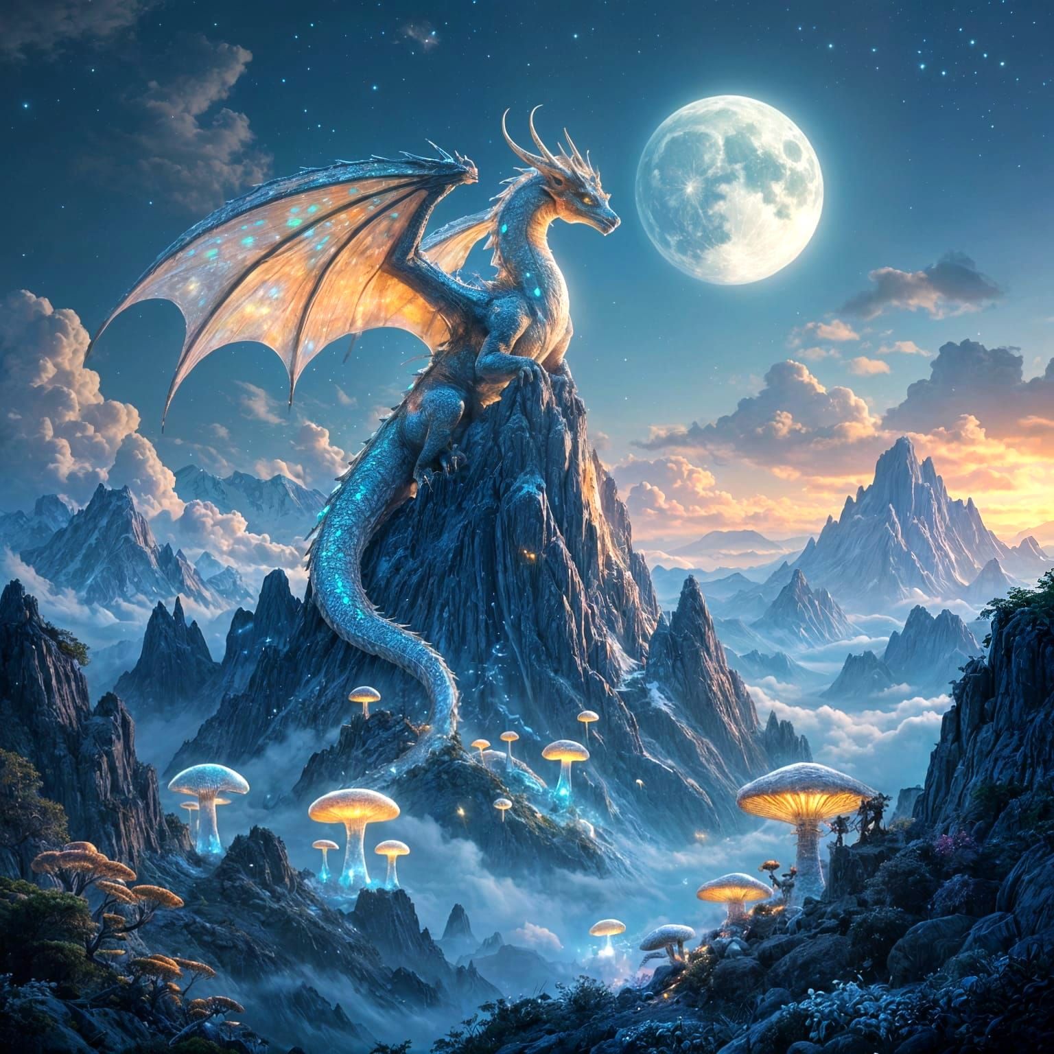 Bioluminescent Dragon on Crystalline Peak
