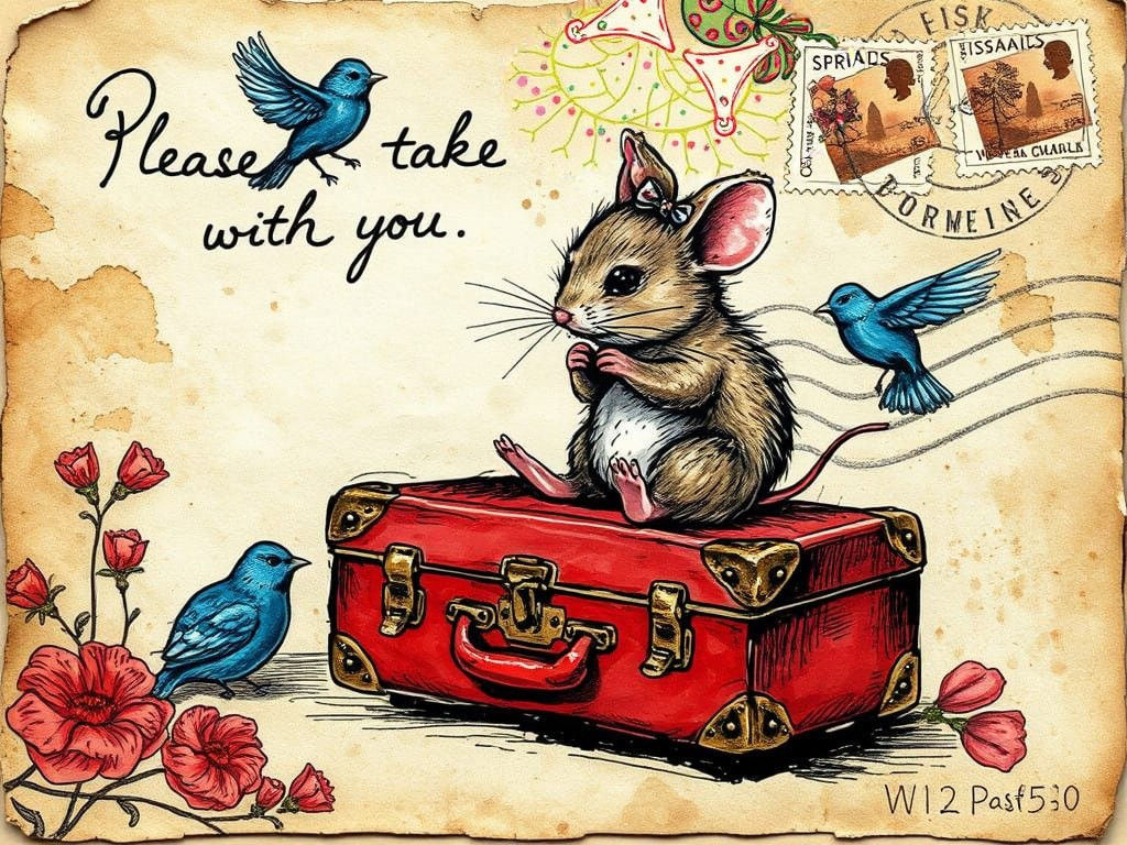 Vintage-Style Postcard with Mouse and Suitcase, Whimsical Ar...