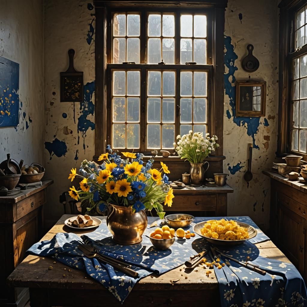 Golden Flowers on Butcher Table, Hyperrealist Painting