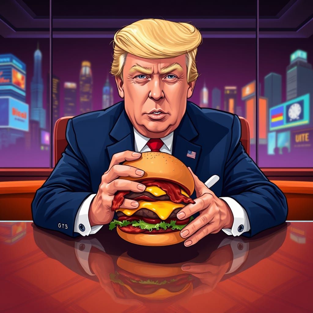 Futuristic President Trump Takes a Big Bite of a Juicy Burge...