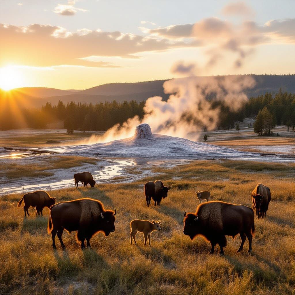 Yellowstone Sunrise: Bison and Geothermal Mists