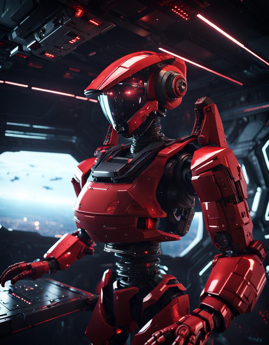 Red Robot Piloting Spaceship in Epic Laser Fight