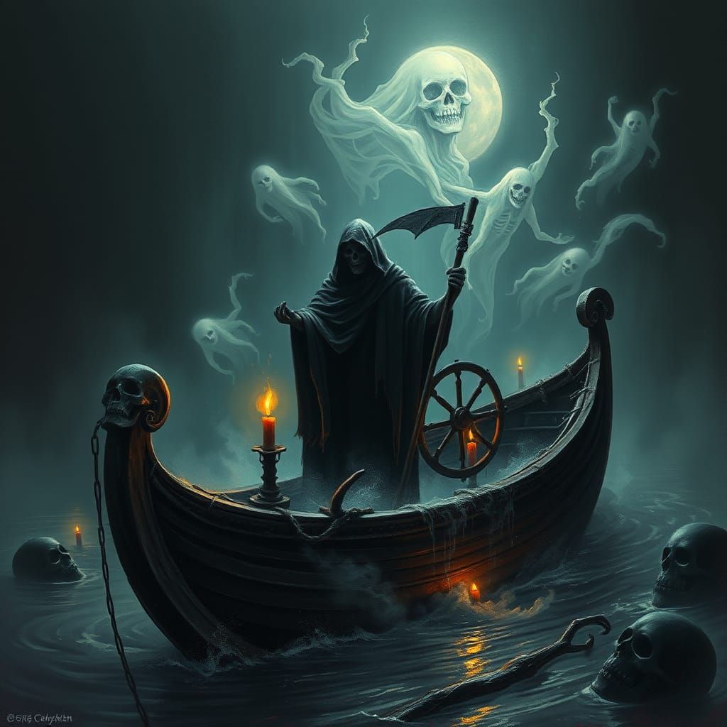 Grim Reaper Navigates Underworld River in Gothic Fantasy