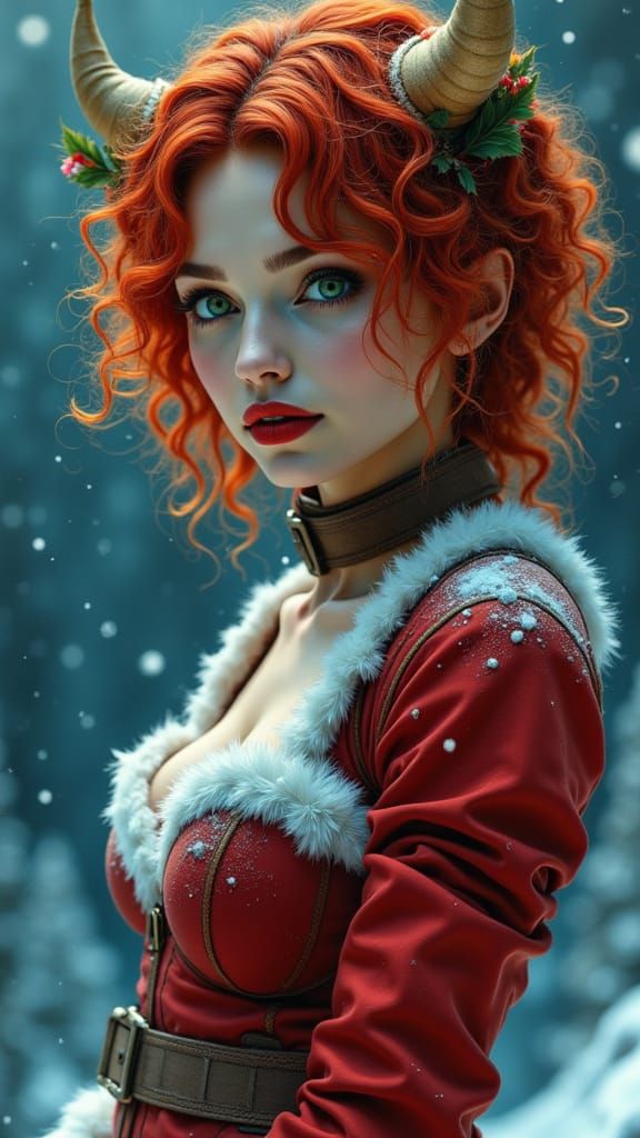 Red-Haired Woman in Santa Costume in Snowy Candy Land