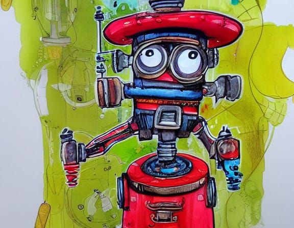 Cute Steampunk Robot Chef in Drippy Watercolour