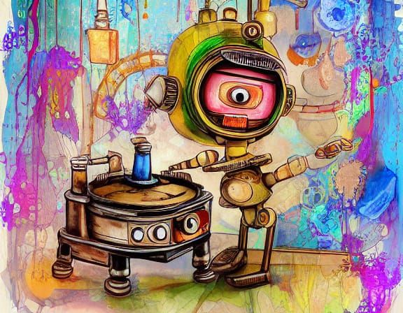 Cute Steampunk Robot Chef Drippy Watercolour Painting