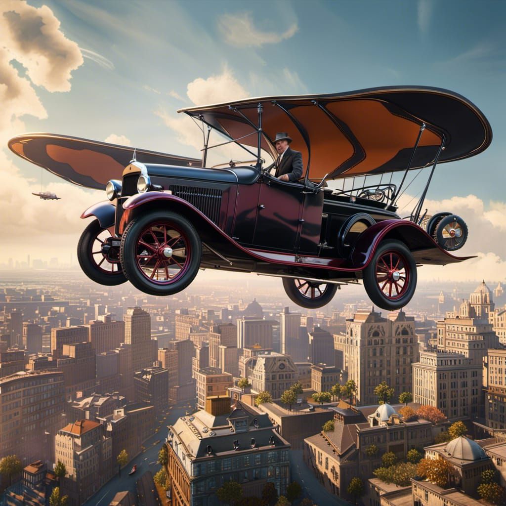 Flying 1936 Ford Model T Cityscape