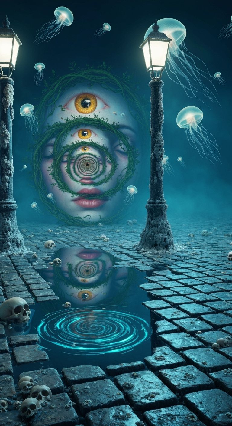 Moonlit Cobblestones Reveal Hidden Faces in Surrealist Style