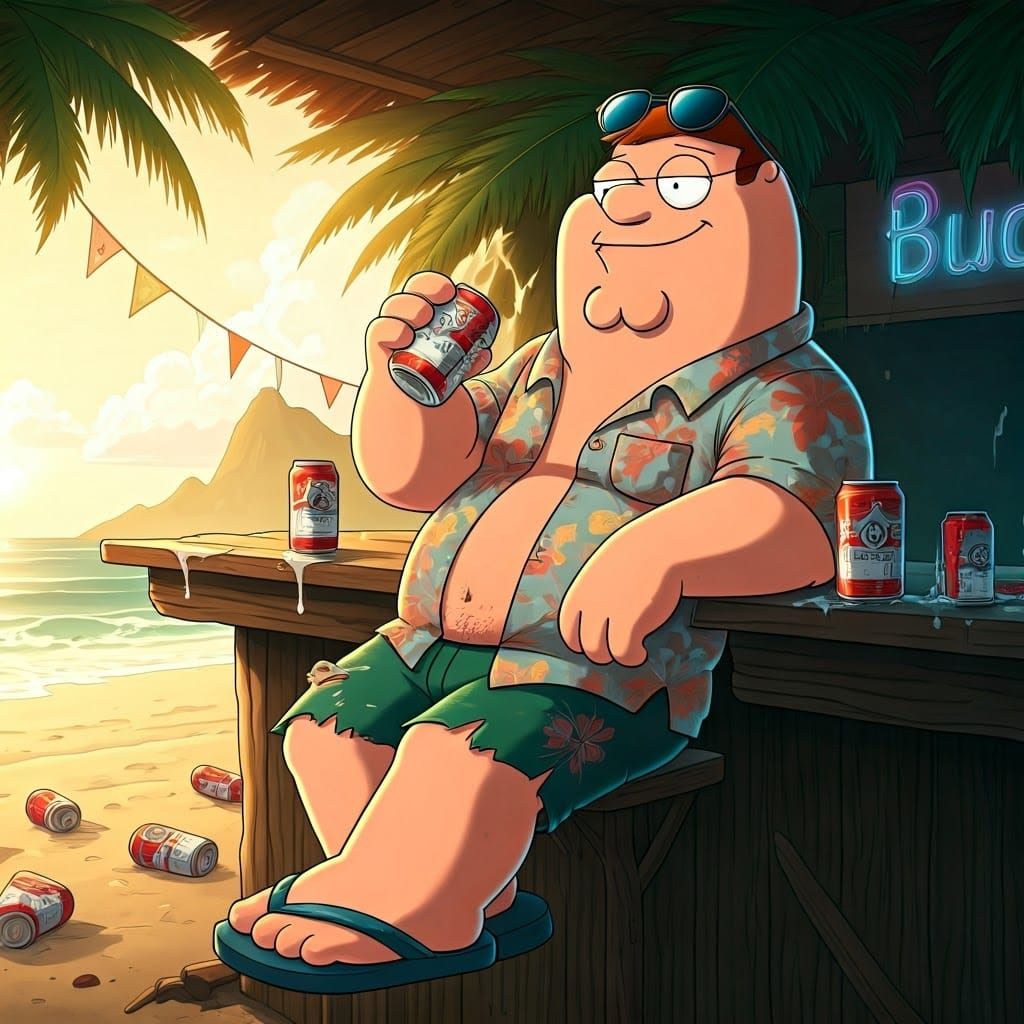 Relaxed Peter Griffin Basks in Tropical Sunset Bliss
