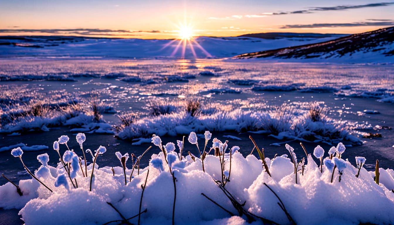 Icy Bluebells Bloom on Frozen Tundra at Sunrise