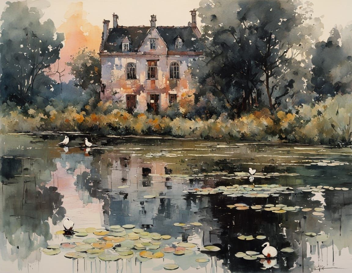 Abandoned Manor House on a Serene Lake in a Post-Impressioni...