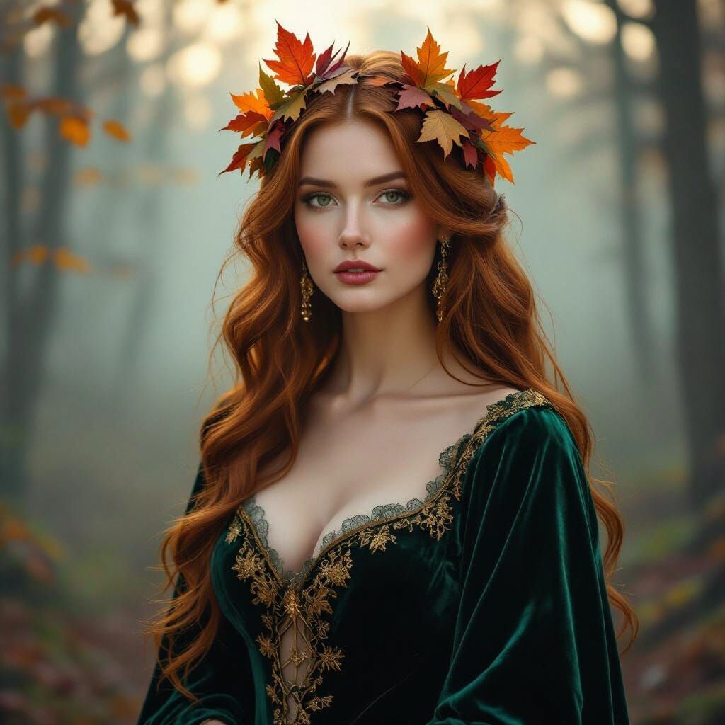 Autumn Queen in Emerald Gown, Pre-Raphaelite Style