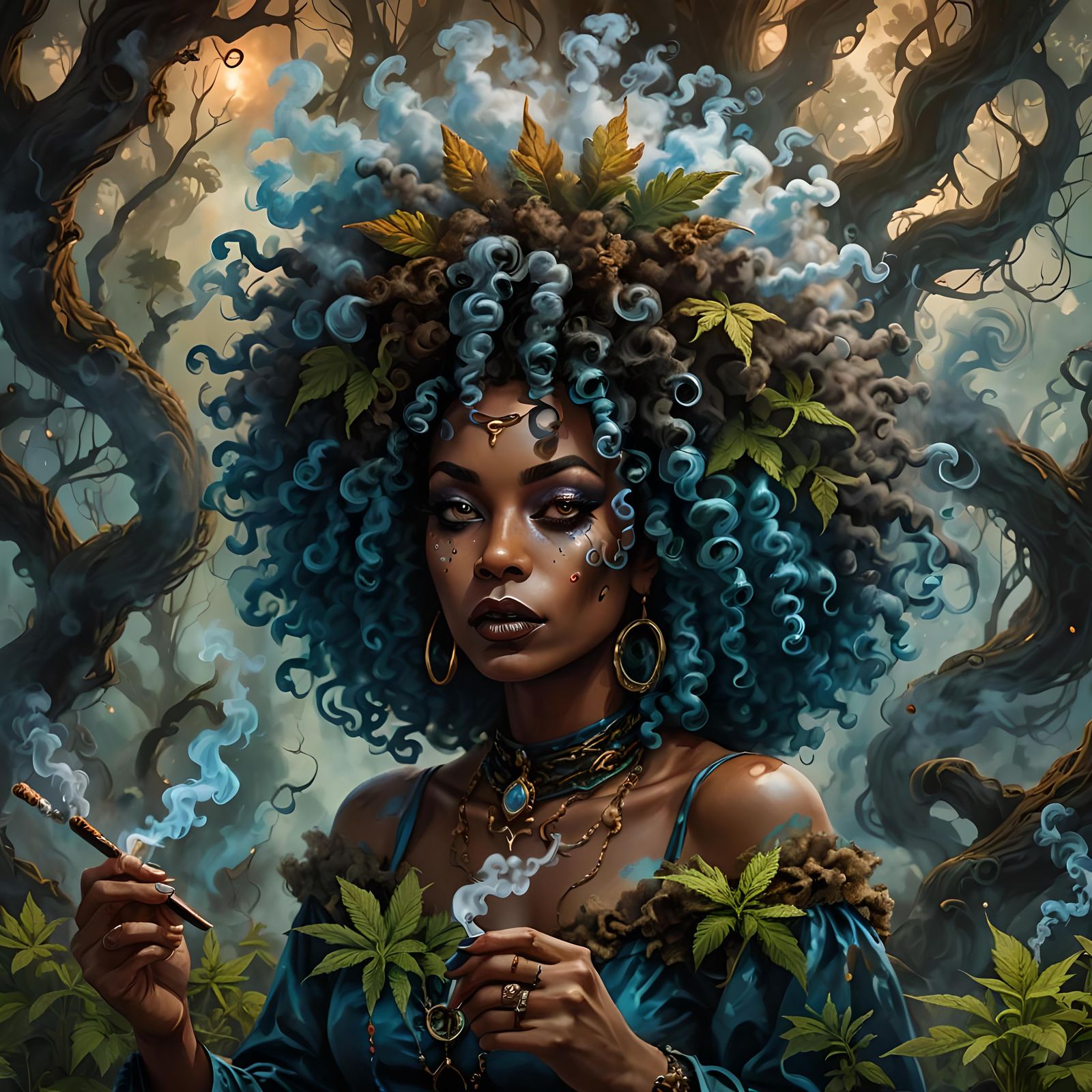 Blue-Haired Witch Smoking: A Sinister Digital Painting