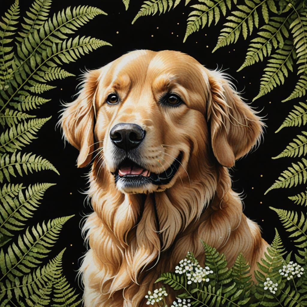 Hyperrealistic Golden Retriever Portrait with Floral Accents