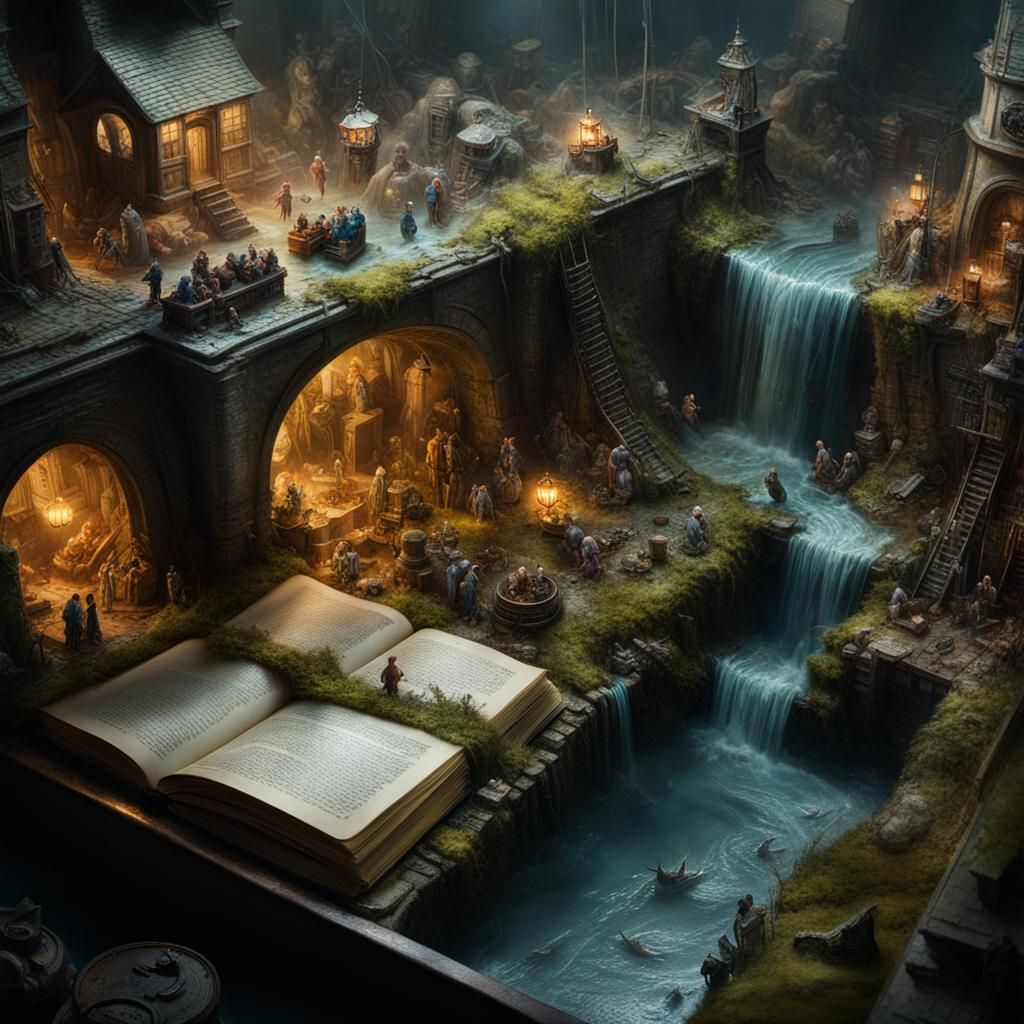 Miniature Sewer World Emerging from Book