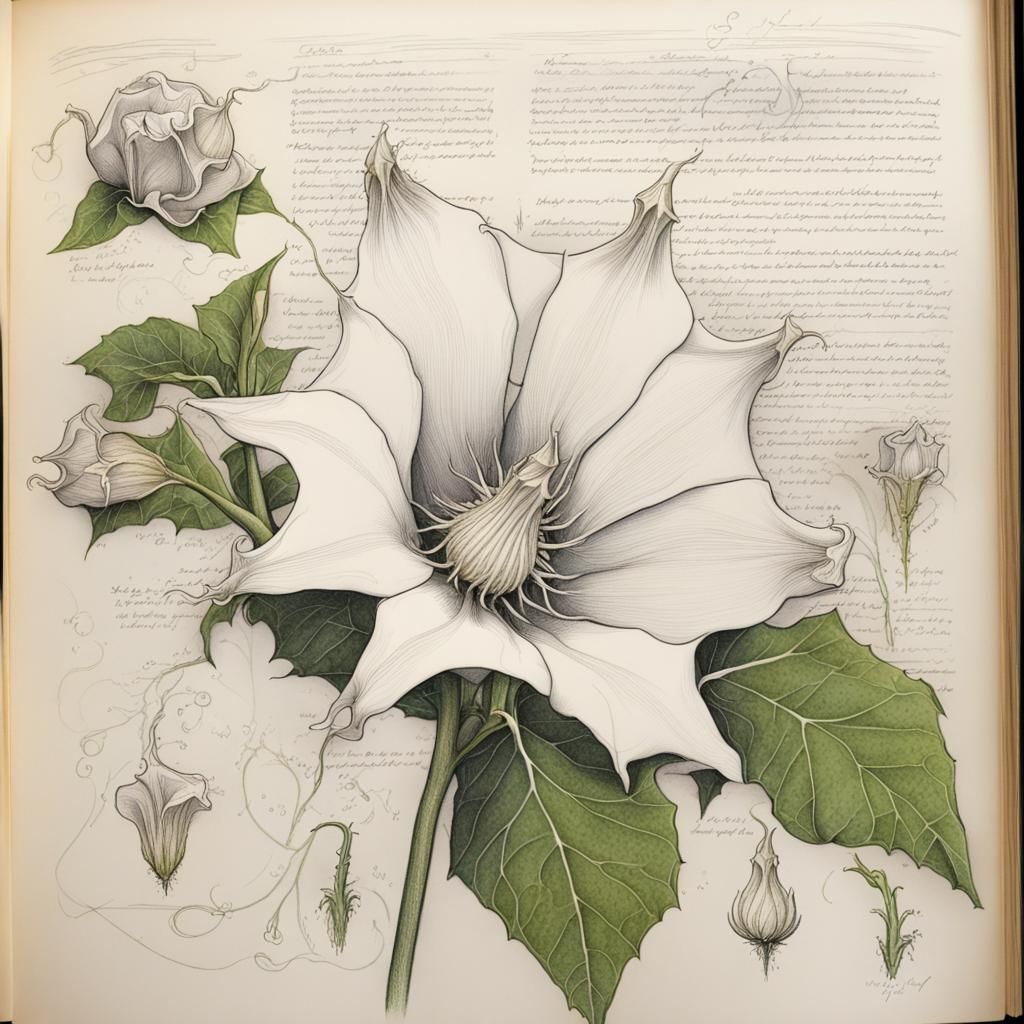 White Datura Botanical Ink Scratch Drawing