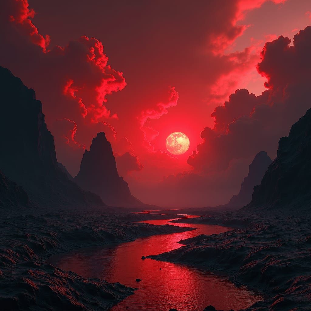 High Contrast Crimson Landscape in Dark Fantasy Style