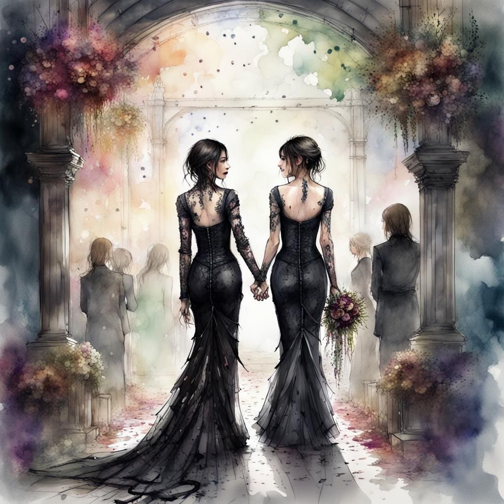 Gothic Lesbian Wedding in Watercolor Style
