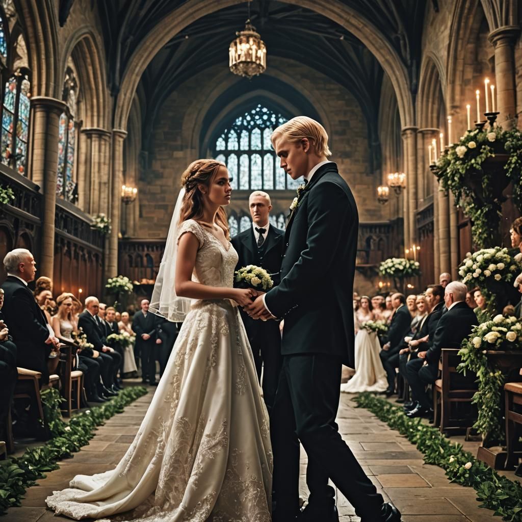 Hermione and Draco's Wedding: Hyperrealistic Cinematic Scene