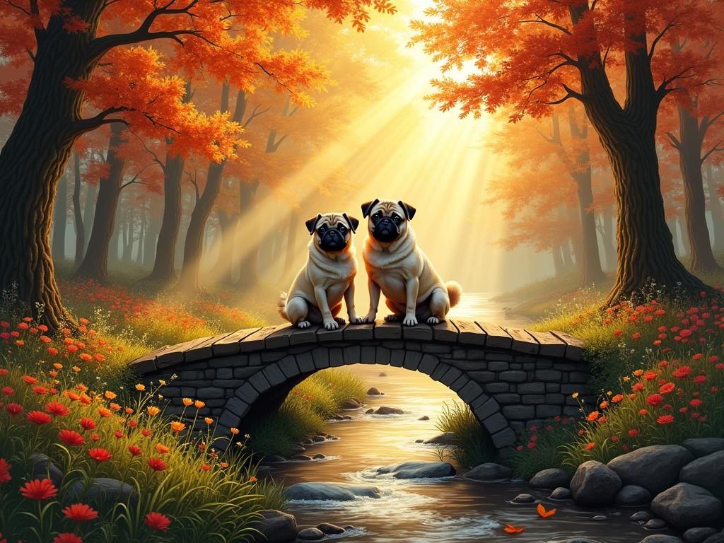 Autumn Pugs on Bridge with God Rays