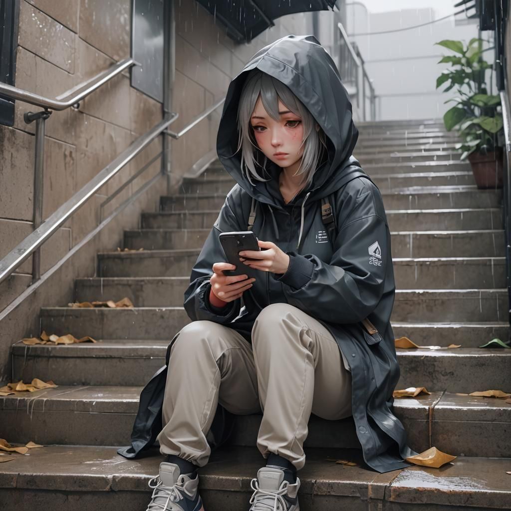 Sad Girl Crying in Rain: 3D Anime Art