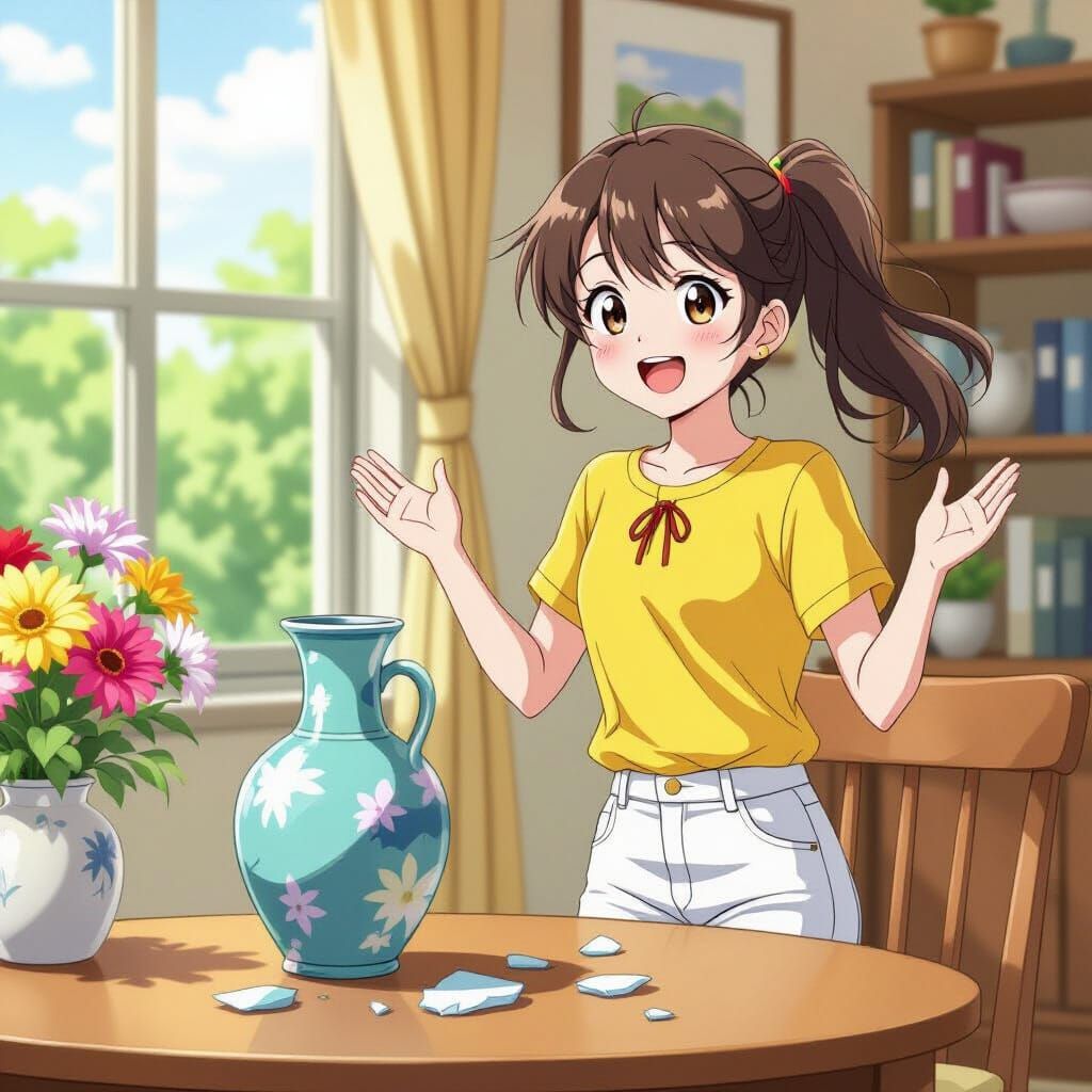 Girl Tells Friend About Vase in Anime Style