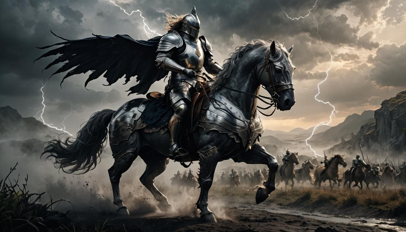 Knight on Griffin Rides Through Misty Battlefield