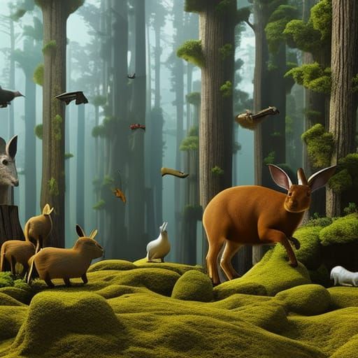 Harmonious Animals in Peaceful Wood, Dali Style