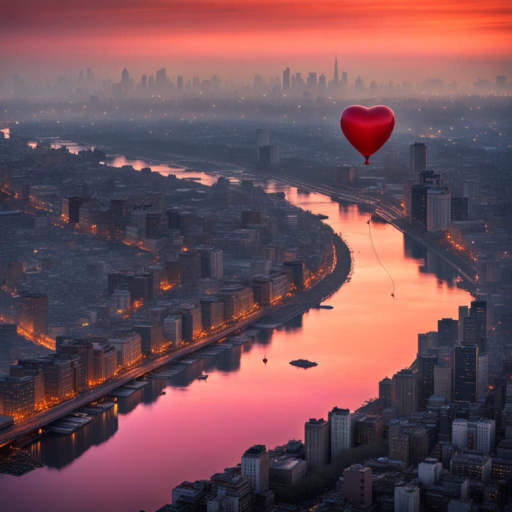 Heart Balloon Drifting Through City at Dusk