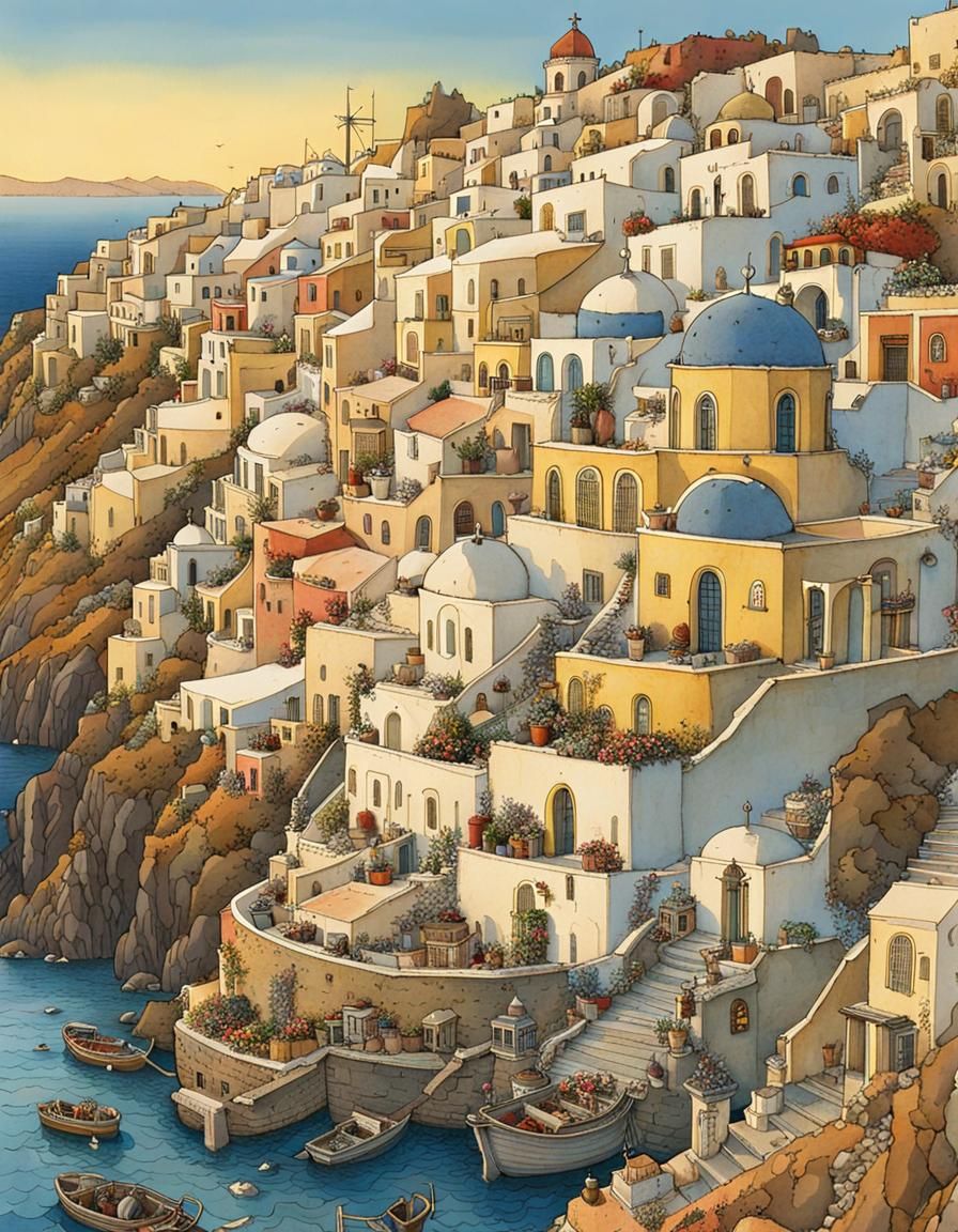 Santorini Sunset Illustration in Adolfsson Style