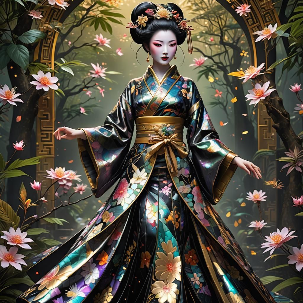 Geisha princess in an iridescent silk robe.