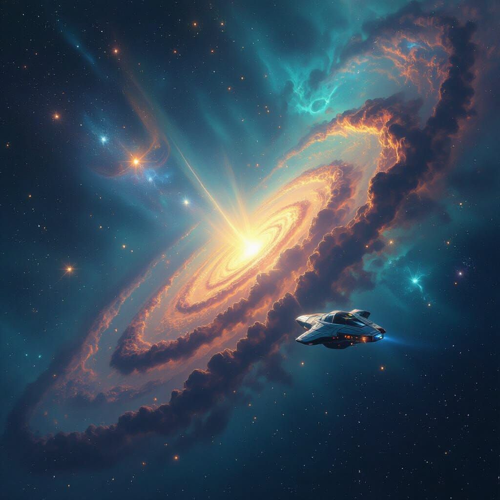 Vast Nebula with Ancient Spaceship in Cinematic Style