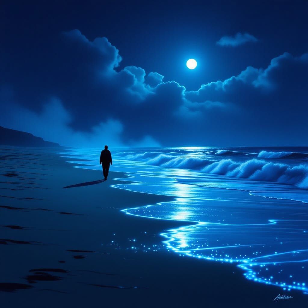 Figure on Bioluminescent Beach at Night
