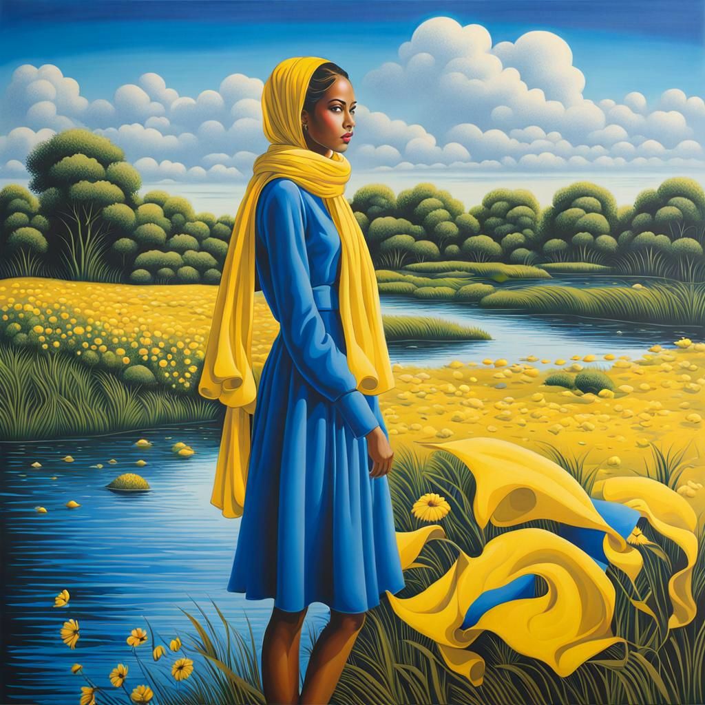 Colorful Riverbank Illustration of Woman in Pop Art Style