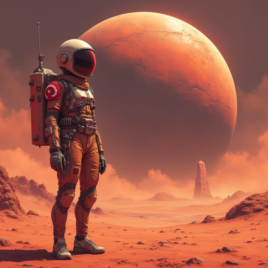 Astronaut on Mars with Monolith in Anime Style
