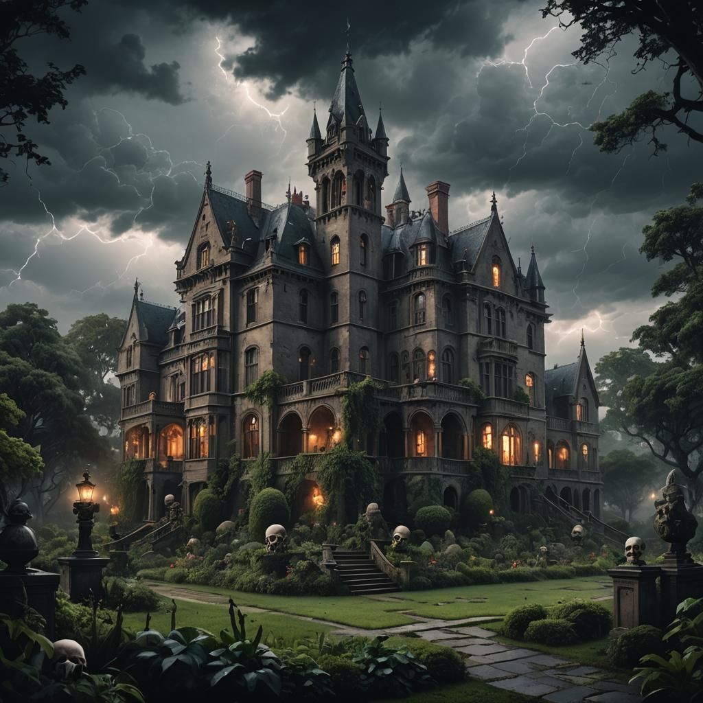 Ominous Gothic Mansion with Skulls in Stormy Landscape