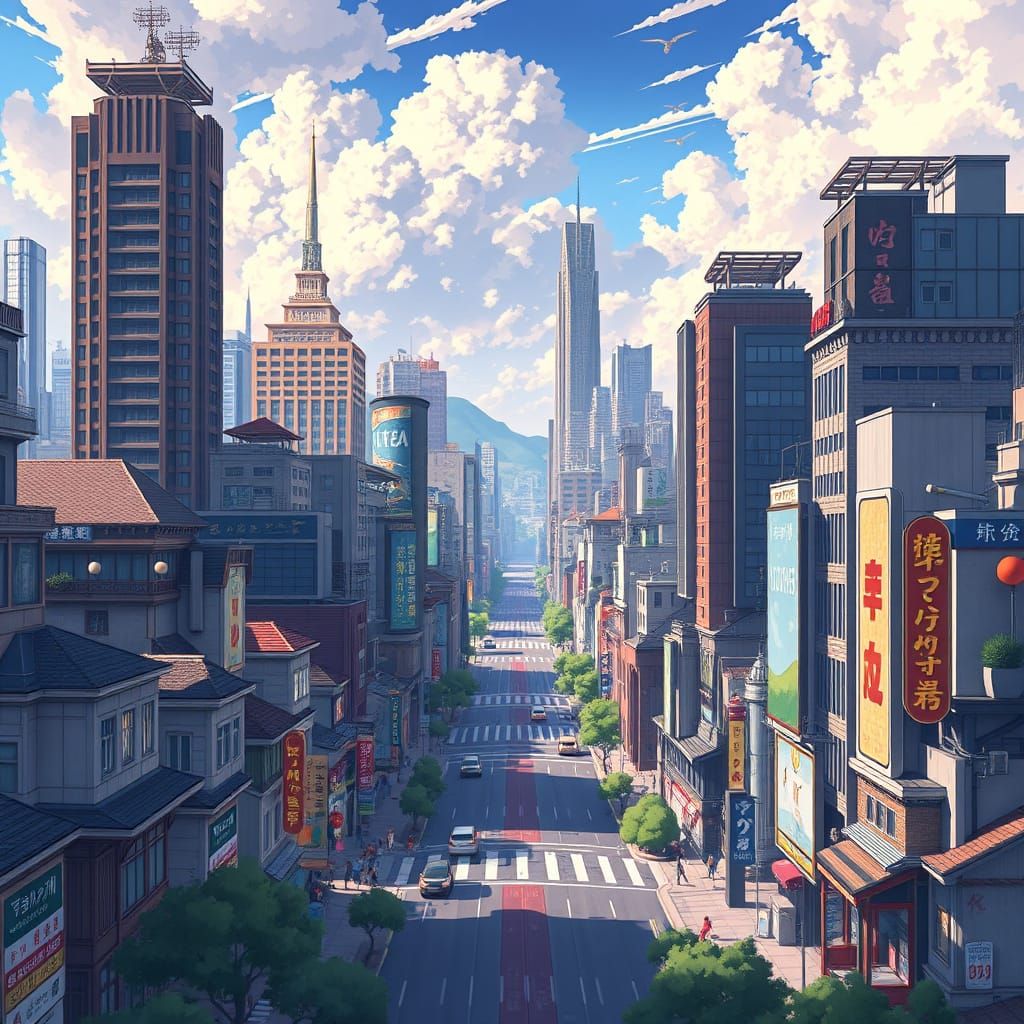 Anime-Inspired Urban Landscape with Vibrant Architecture