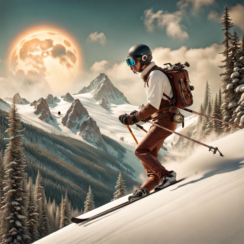 Steampunk Skier in Celestial Wilderness: Hyperrealistic Phot...