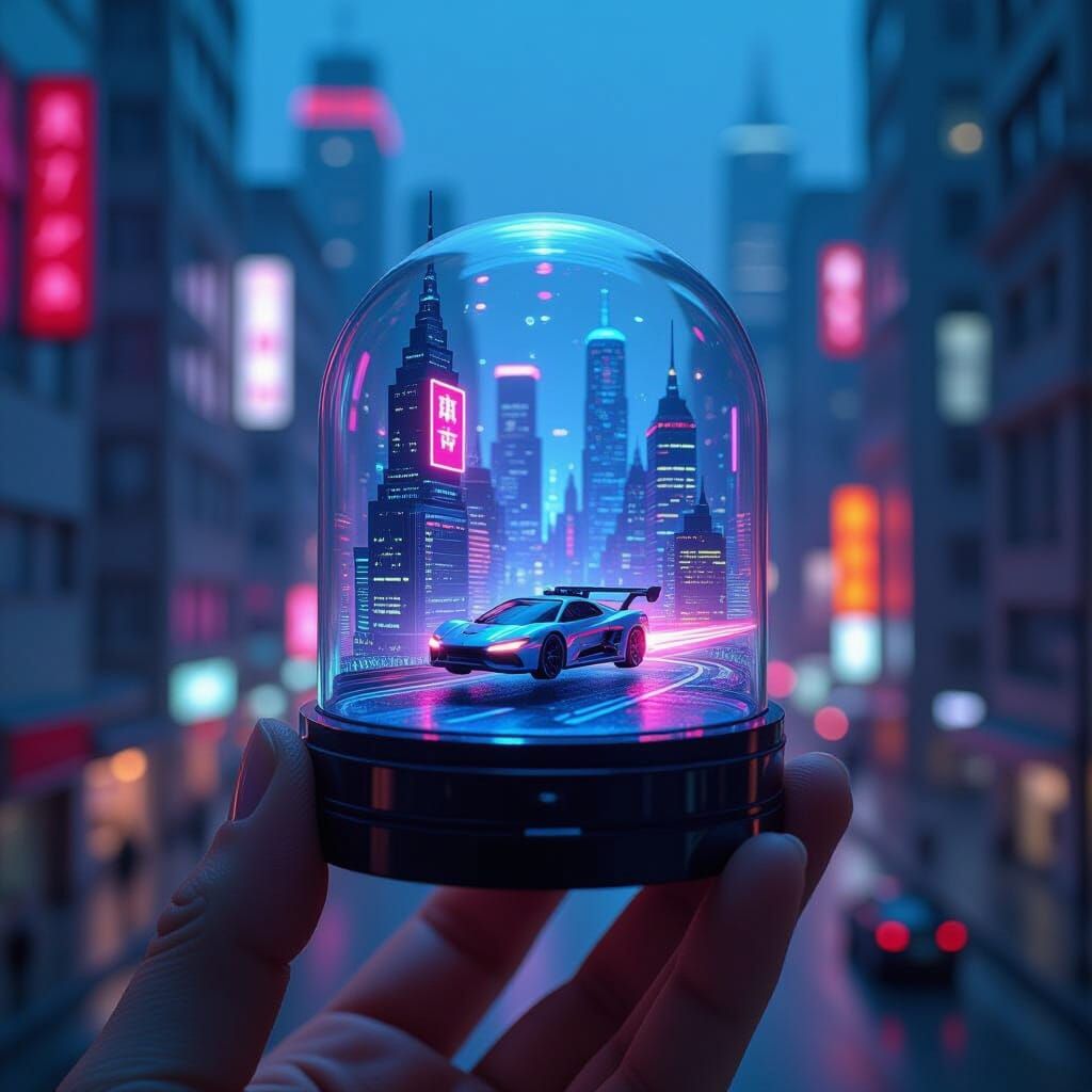 Cyberpunk City in Gashapon Capsule, Hyperrealistic Miniature