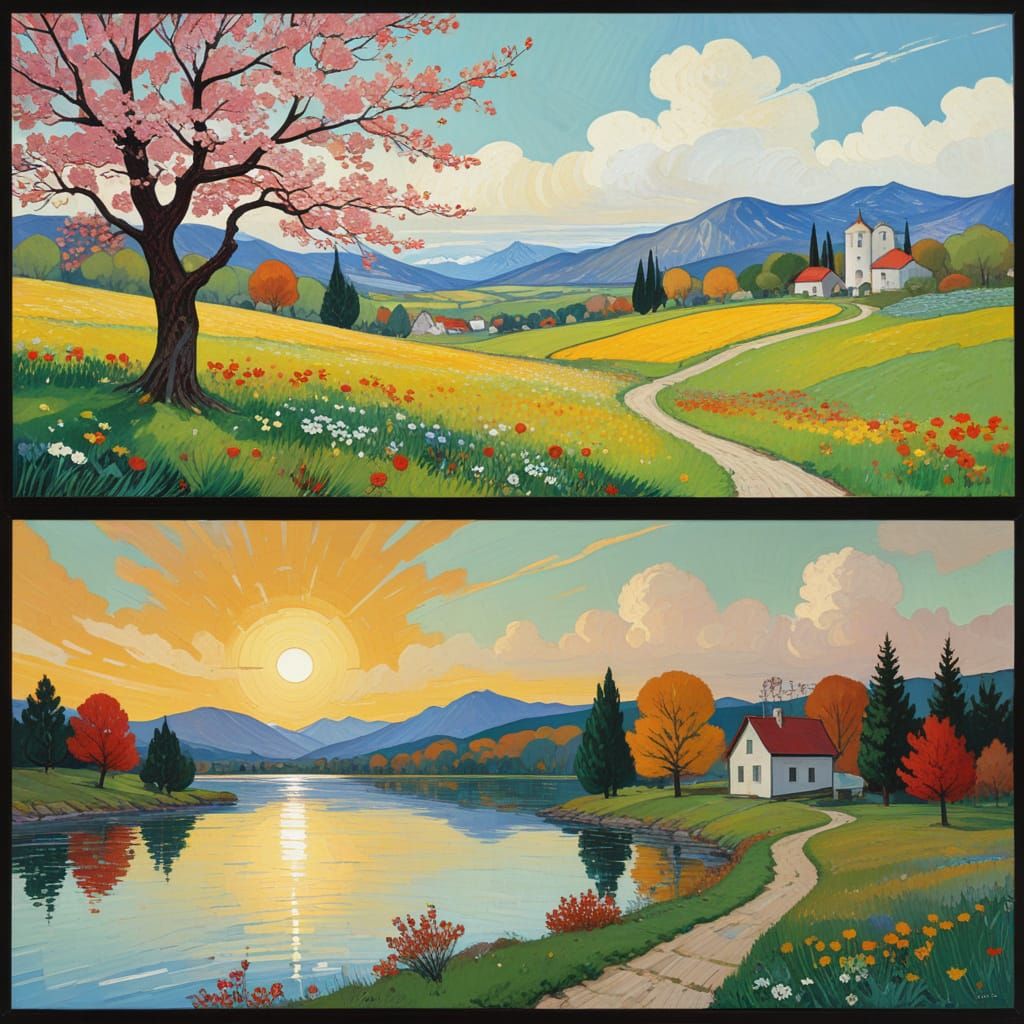 Spring vs Autumn Landscape Split Screen