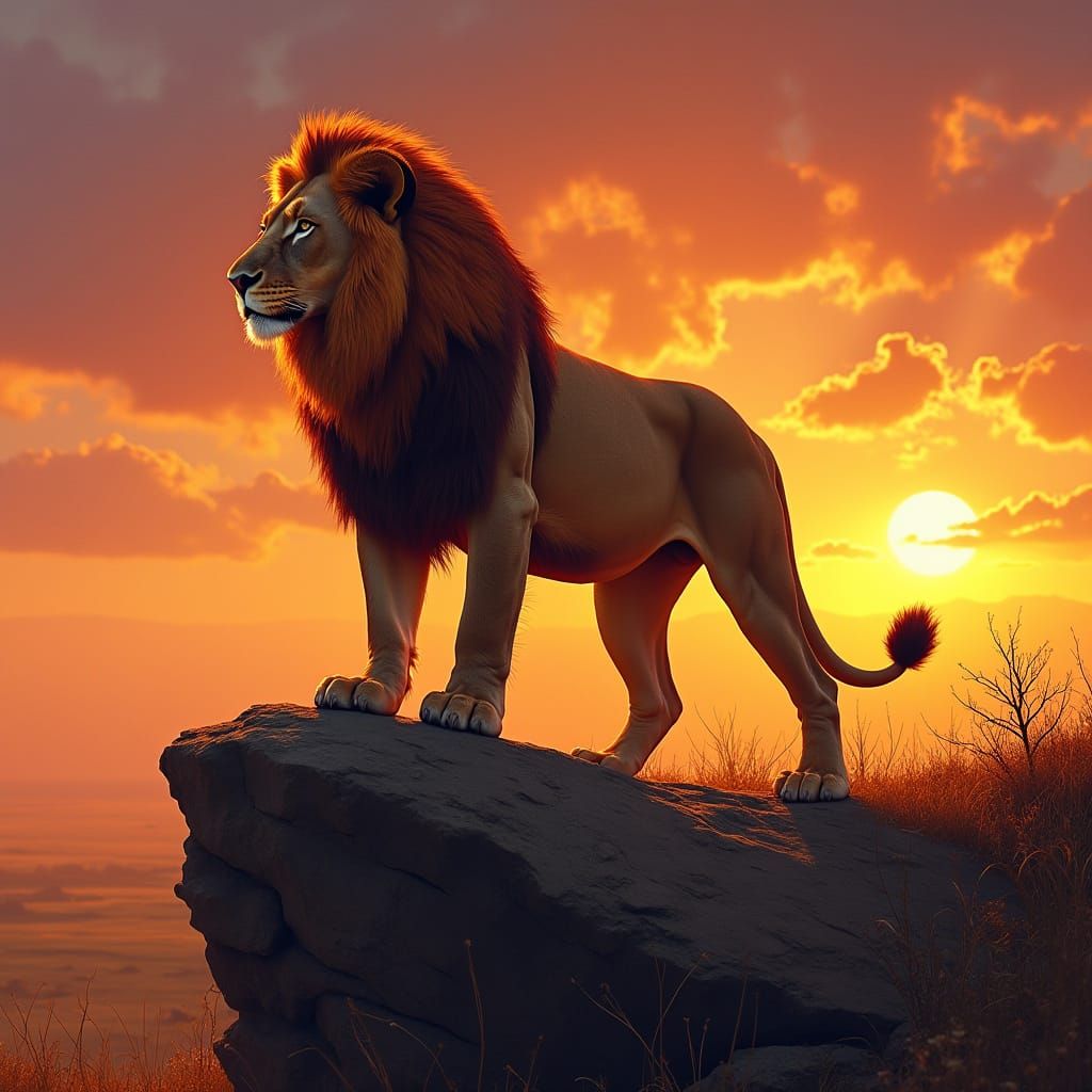 Lion King of the Sunset Savannah in Vibrant Realism