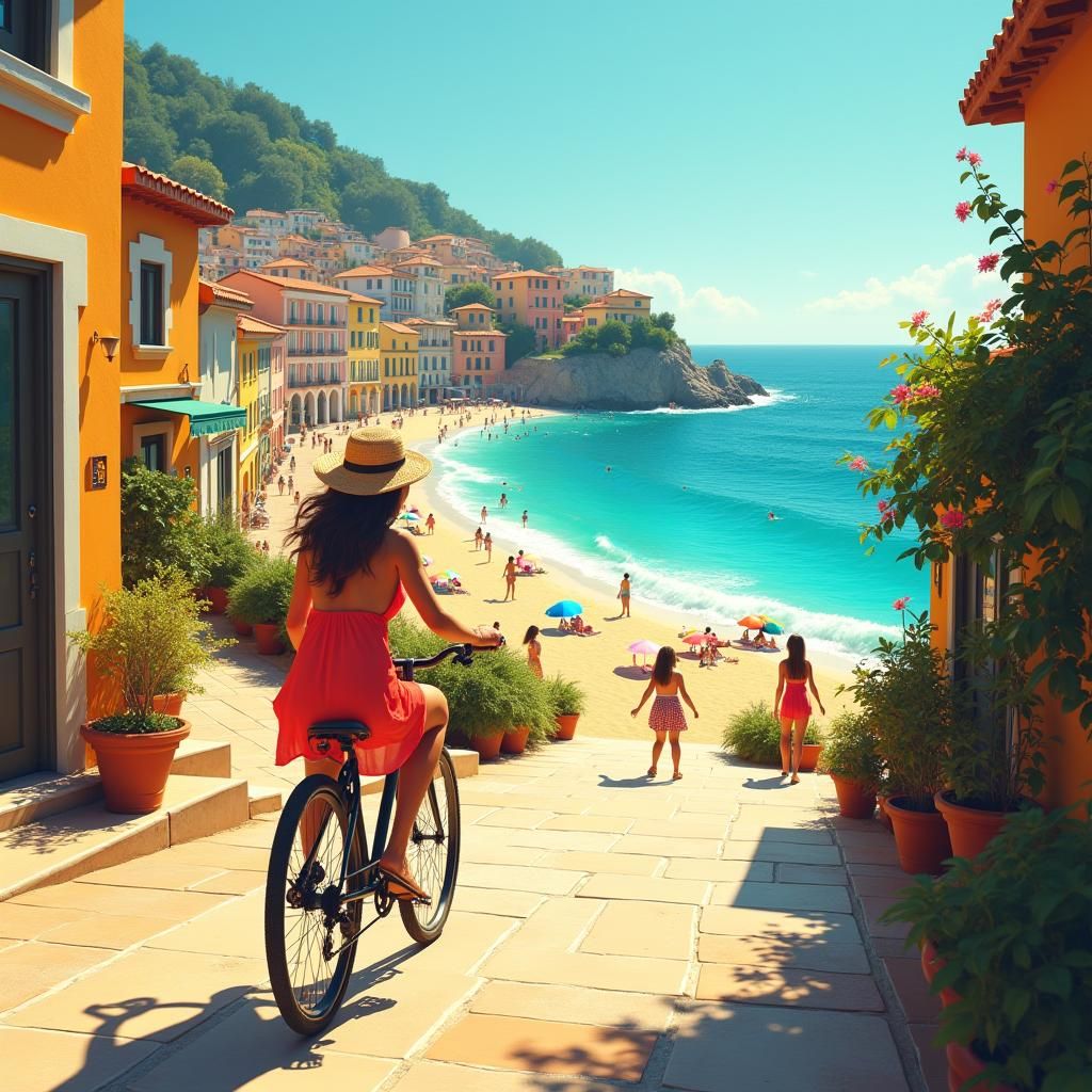 Golden Seaside Street with Cyclist in Matte Painting